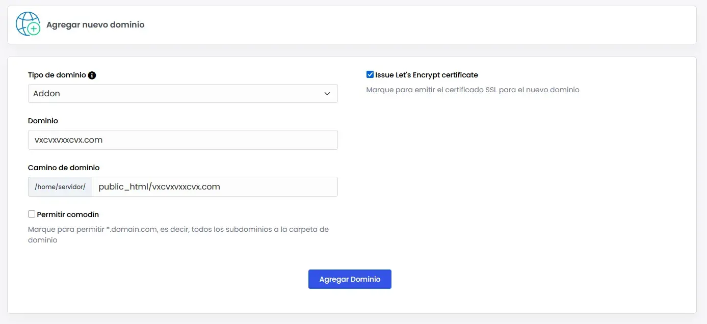Formulario para agregar nuevo dominio web