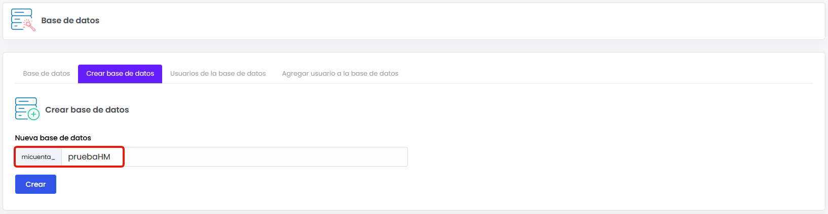 Formulario para crear nueva base de datos en línea