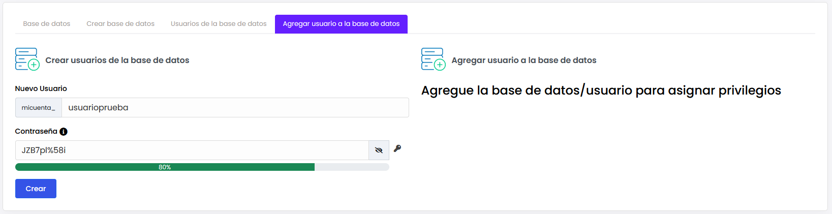 Formulario para crear usuario de base de datos