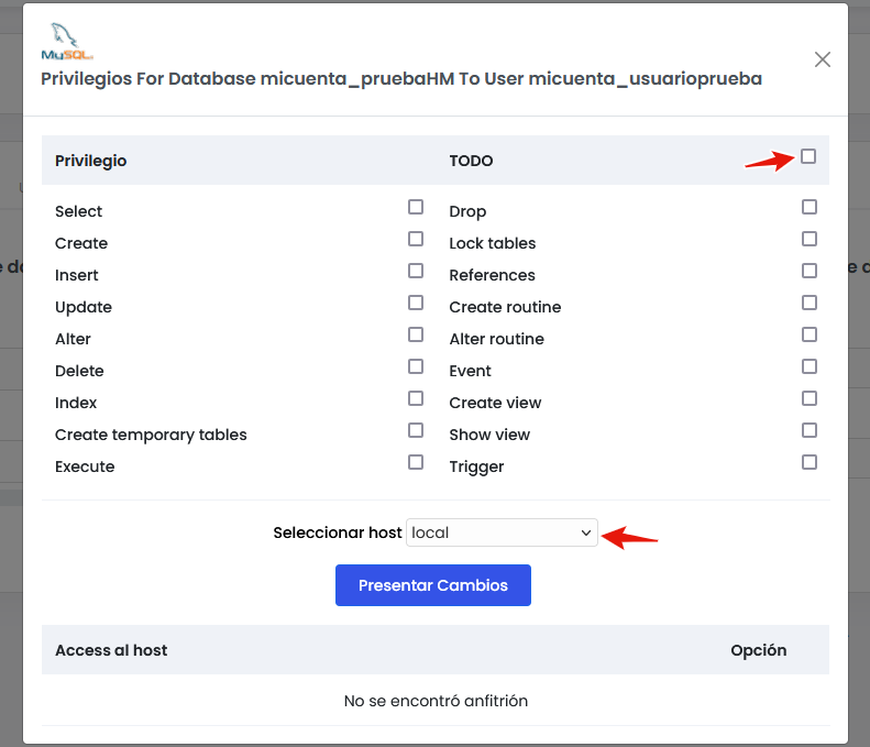 Ventana permisos usuario base de datos MySQL