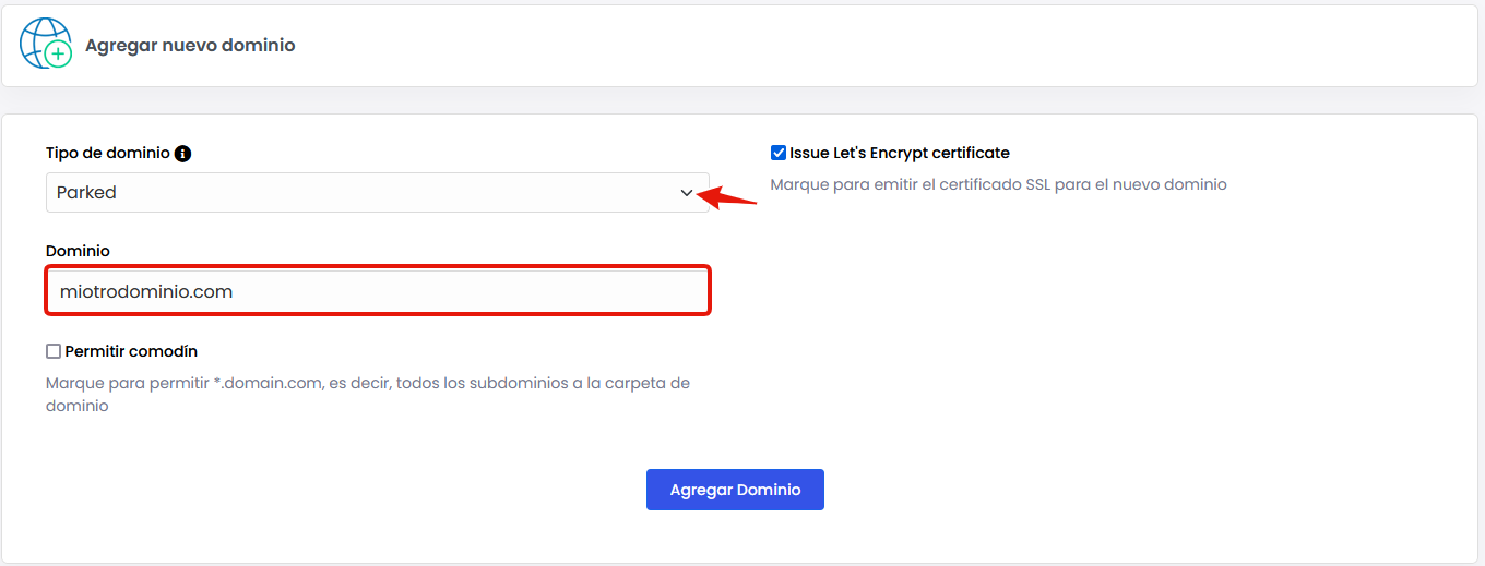 Formulario para agregar nuevo dominio web
