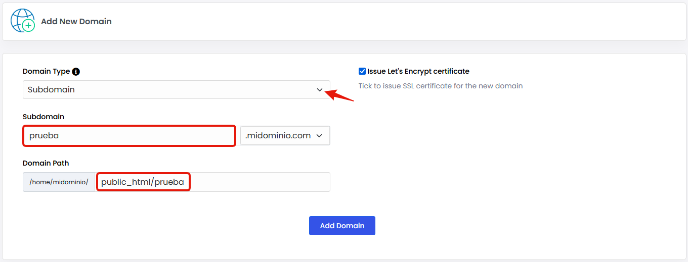 Formulario para añadir nuevo subdominio con SSL